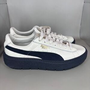 Puma Basket Platform Sneakers White Navy Blue Leather Women Size 9 Platform